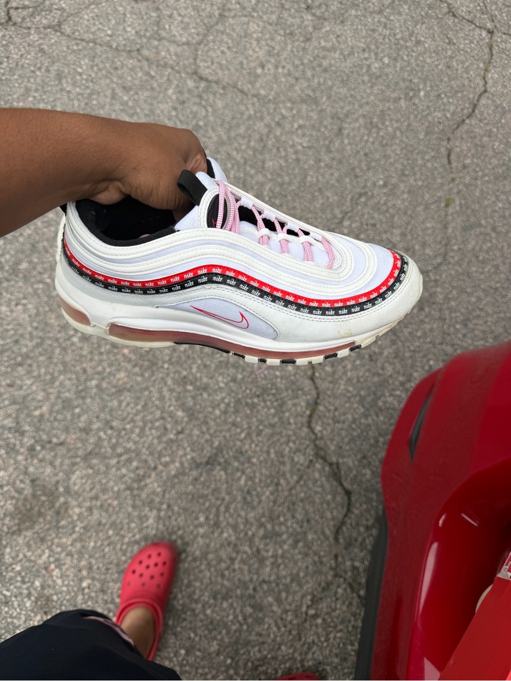 Nike White Sneaker with Pink Laces and Red Trim air max 97